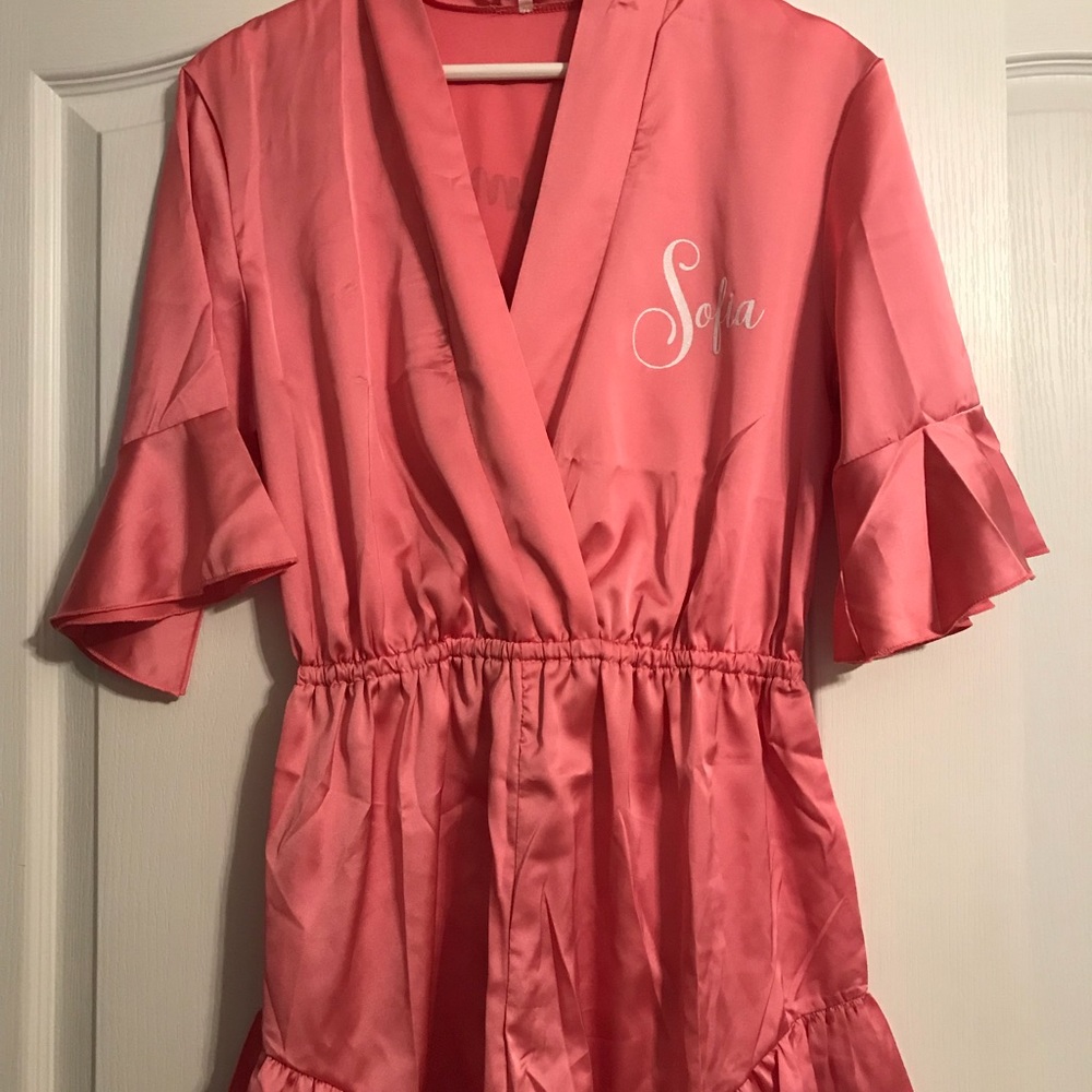 LAST ONE! Pink Coral Ruffle Tie Waist Satin Romper - Picture 7 of 7